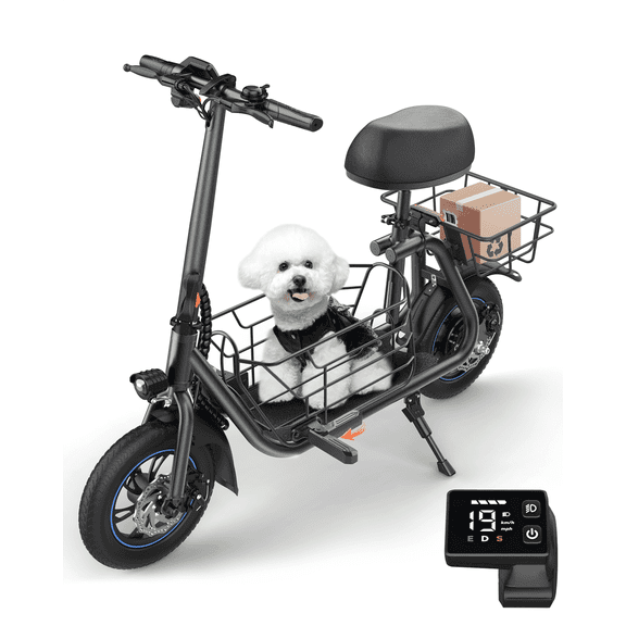 MIHOVER 19MPH Foldable 550W Electric Scooter with Seat for Adult，12 inch Commuter Electric Scooter for Pets with Front & Back Basket, Bigger Seat - up to 21 Miles