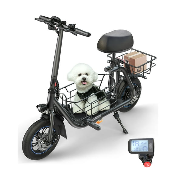 MIHOVER 550W Electric Scooter with Seat for Adult, 12 inch Commuter Electric Scooter for Pets with Front & Back Basket for Pets, Bigger Seat - up to 20 Miles 18.6MPH
