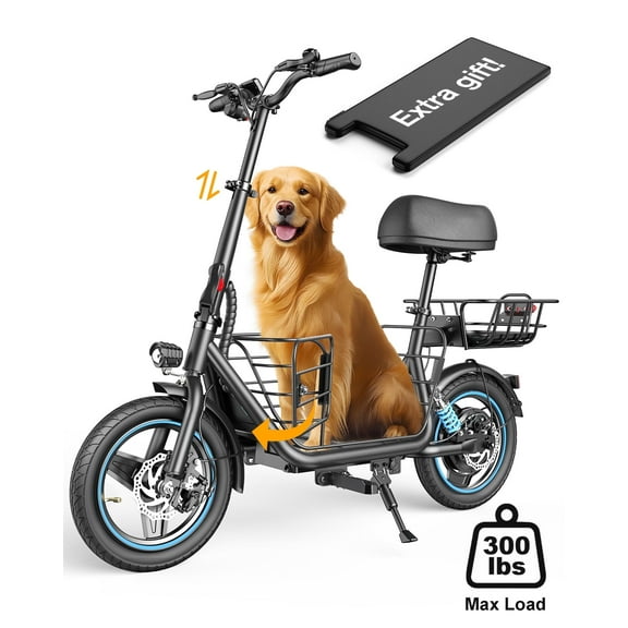 MIHOVER 650W Electric Scooter with Seat for Heavy Adults up to 300LB - 14" Wheels with Basket & Dual Shock Absorbers & Free Dog Mat, 48V/13.5Ah,30 Miles Range, 18.6MPH