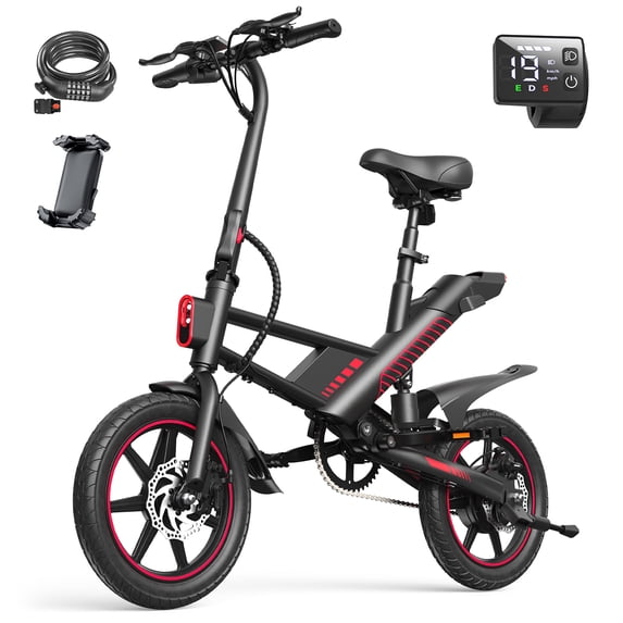 MIHOVER 14" Folding Electric Bike for Adults, 700W Peak Motor with 36V/7.8Ah Battery, LED Display & Free Phone Holder & Steel Cable Lock,18.6 MPH Commuter City Ebike, UL2849-Black