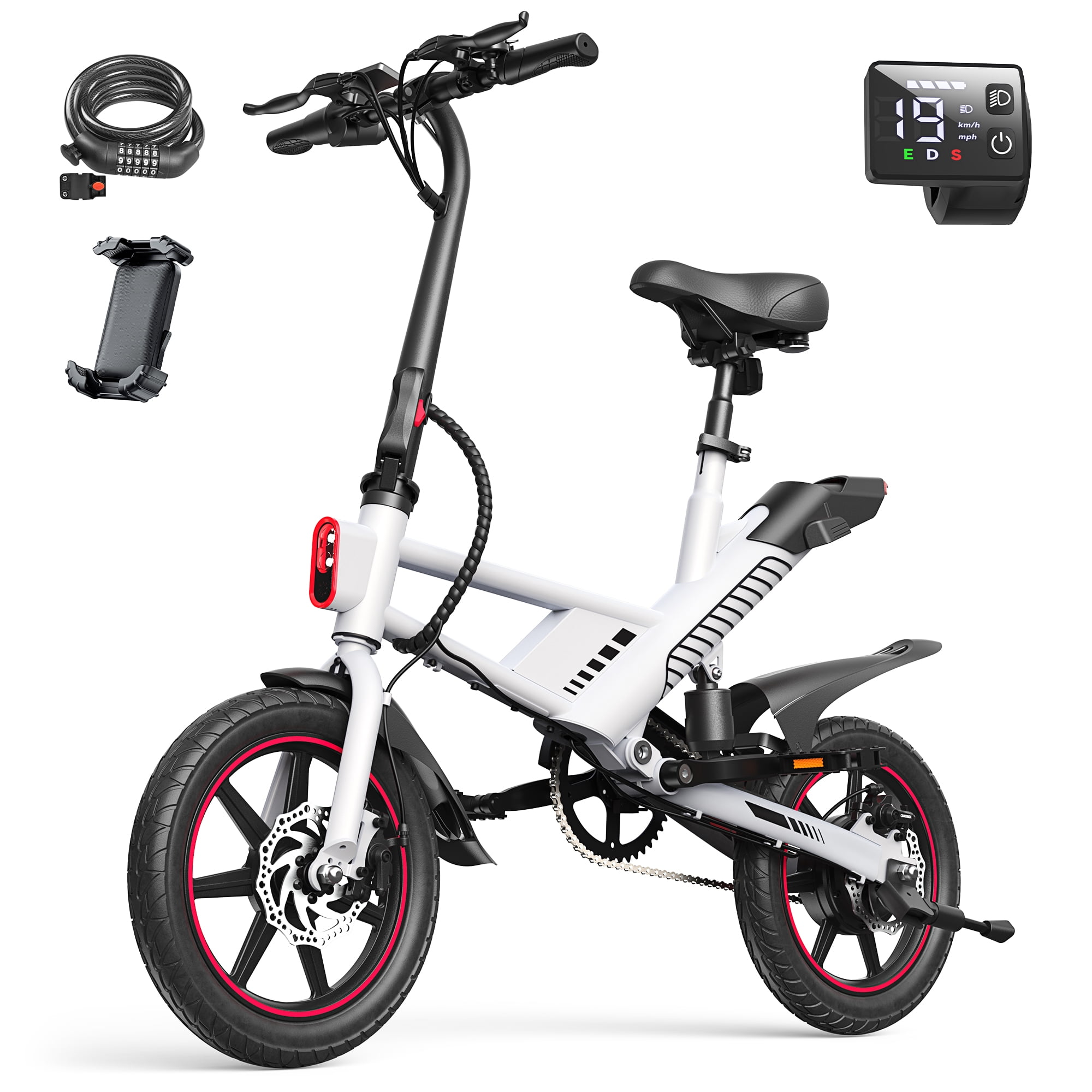 MIHOVER 14" Folding Electric Bike for Adults, 700W Peak Motor with 36V/7.8Ah Battery, LED Display & Free Phone Holder & Steel Cable Lock,18.6 MPH Commuter City Ebike, UL2849-White