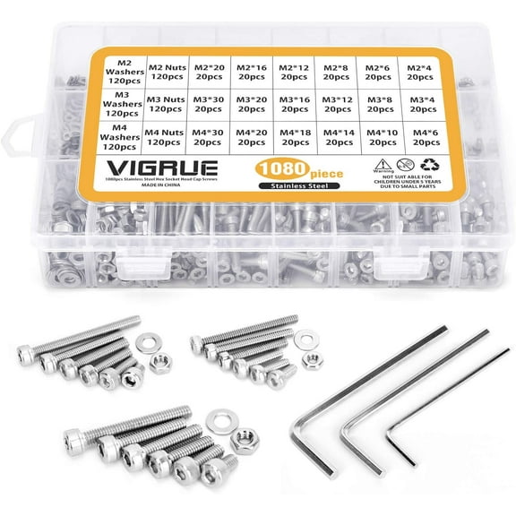 Kit 1080Pcs M2 M3 M4 Stainless Steel Hex Button Socket Head Cable Bolts Screws With Nuts Assortment