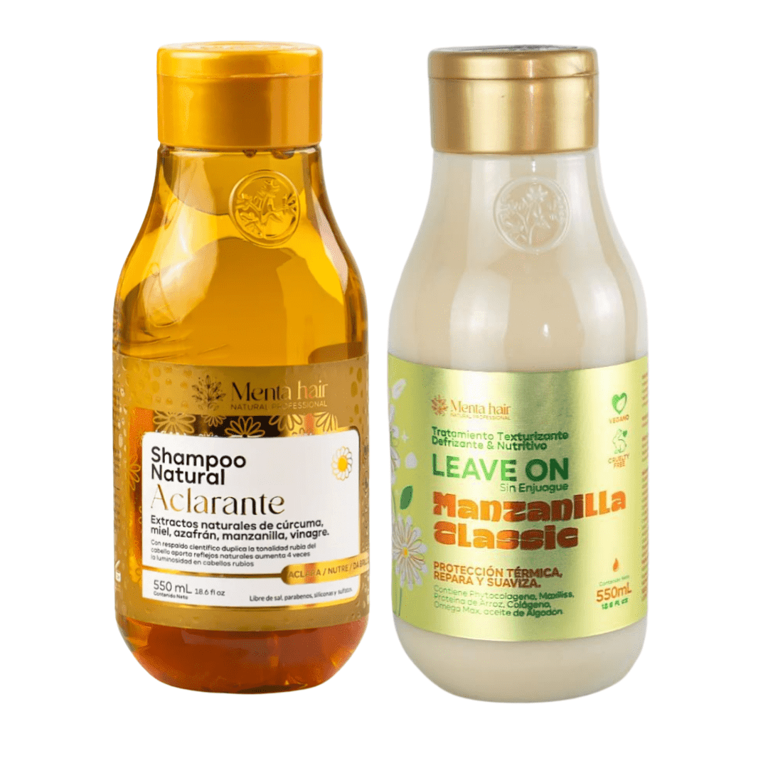 Kit 2 Pack Shampoo Aclarante Natural Manzanilla y Cúrcuma y Tratamiento Leave in con termoproteccion crema de peinar antifrizz Manzanilla Classic 550ml Vegan Menta Hair  Cabellos Rubios