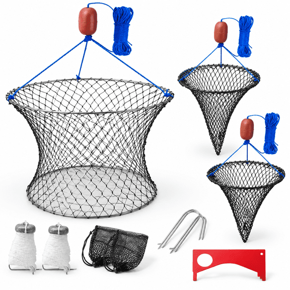 Kit-3 Double Ring Steel Fishing Net for Dungeness Rock Blue Crabs and Lobster