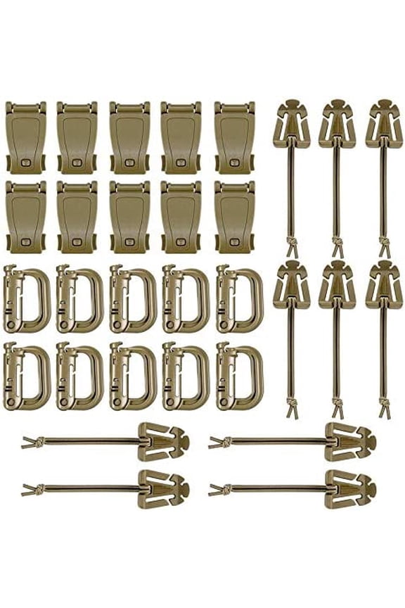 Kit of 30 Attachments Tactical Backpack Vest Belt,D-Ring Grimloc Locking Gear Clip, Web Dominator Elastic Strings, Strap Management Tool BuckleCoyote Tan