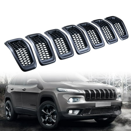 Kit 7pcs For 2014-2018 Jeep Cherokee 4-Door Black Mesh Grille Grill Cover Retro Gray Ring Trim Insert