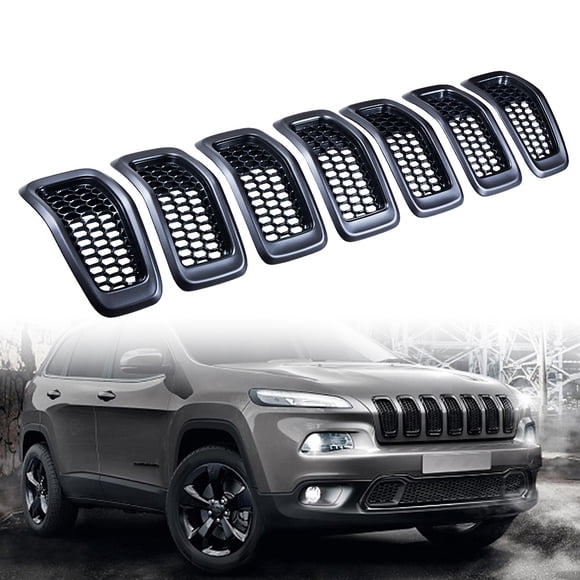 Kit 7pcs For 2014-2018 Jeep Cherokee 4-Door Black Mesh Grille Grill Cover Retro Gray Ring Trim Insert