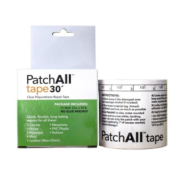 Kit Clear Polyurethane Adhesive Vinyl Repair Patch Tape Kit, Waterproof, Airtight Patches for Canvas Tent, Boat Upholstery, Car Seat, Leather Furniture, Hole, Awning, and More, 3" x 30' Roll