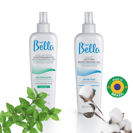 Kit Depil Bella, 1 unit Post Waxing Oil Remover and 1 unit Pre Waxing Astringent.