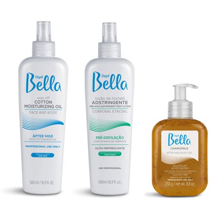 Kit Depil Bella, Yellow Pack, Pre Waxing Astringent Lotion, Post Waxing - Oil Moisturizing Remover, Chamomile Body Gel