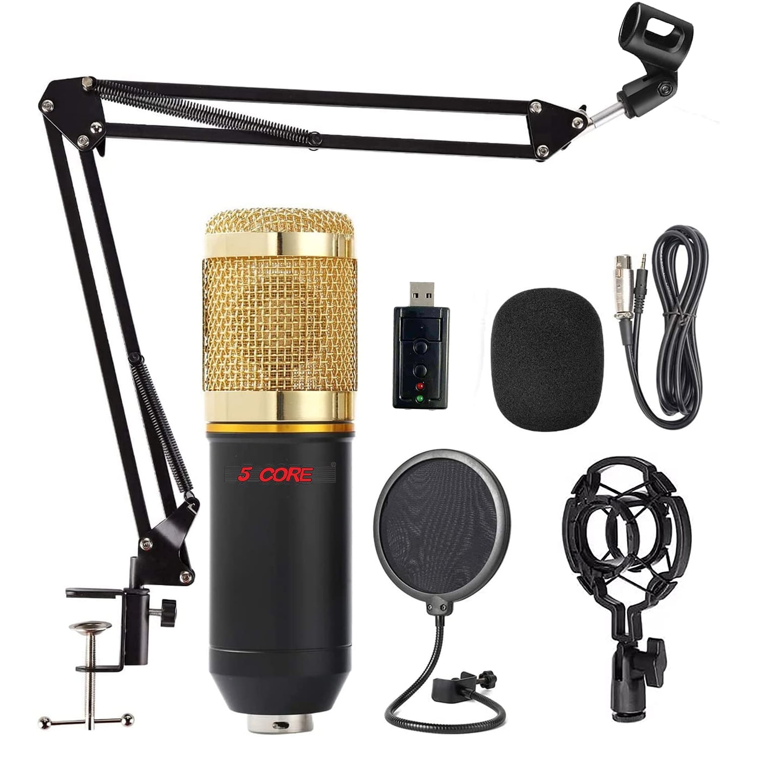 Kit with Live Sound Card Adjustable Mic Suspension Scissor Arm Metal Shock  Mount and Double-Layer Pop Filter for Studio Recording & Broadcasting  (Gold) 5 Core Rec Set 
