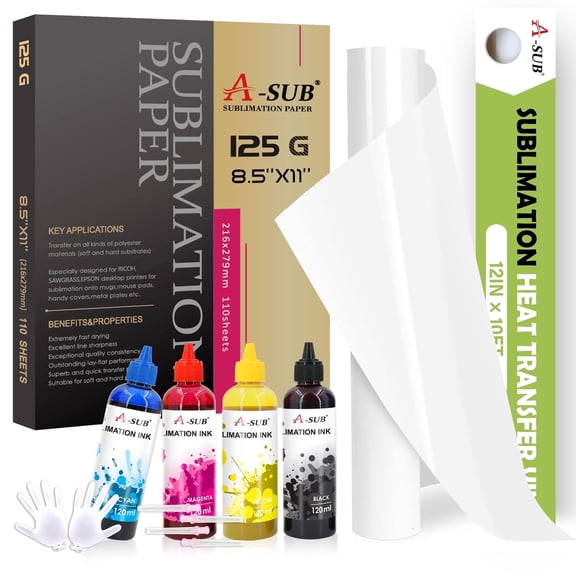 Kit- Sublimation HTV Vinyl + A-sub 125g Sublimation Paper 8.5" x 11" + A-sub Sublimation Ink for Inkjet Printer Heat Transfer (Light fabrics)
