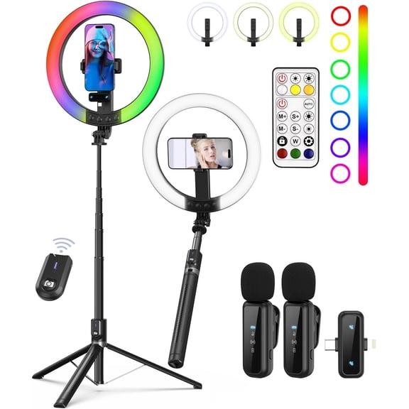 Kit for iPhone/Android, 10" Selfie Ring Light with Tripod | Stand, Wireless Mic & Remote, 74" Tripod for iPhone with Ring Light, YouTube Starter Kit for TikTok, Content Creator & Video