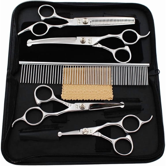 Kit with Round Tip, 6 in 1 , Stainless Pet Shears, Straight, Curved, Thinning Shears, Comb for Full , , Nose, Ear & Paw
