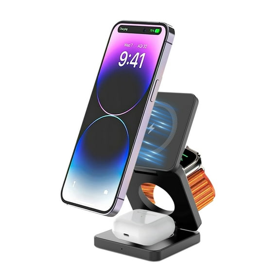 KitBox 3 in 1 Wireless Charging Station - Foldable Charger for Apple and Samsung Devices Fast Charging Wireless iPhone Charger with Strong Magnetic Hold