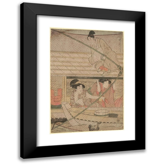 Kitagawa Utamaro 11x14 Black Modern Framed Museum Art Print Titled - Fishing with a Four-Armed Scoop-Net (Yotsu Deami) (Center Component of Triptych) (Late 18th Century - Ca. 1806)