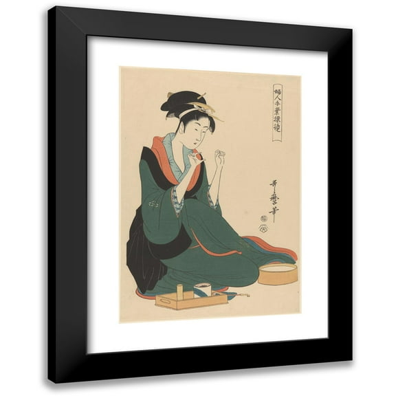 Kitagawa Utamaro 11x14 Black Modern Framed Museum Art Print Titled - Woman with Thread (Late 18th Century - Ca. 1806)