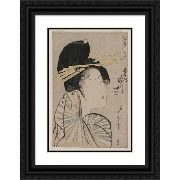 Kitagawa Utamaro 11x14 Black Ornate Wood Framed Double Matted Museum Art Print Titled: The Courtesan Takigawa of Ogiya (From the Series Seven Aspects of Komachi in the Green Houses) (17