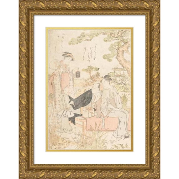 Kitagawa Utamaro 11x14 Gold Ornate Wood Frame and Double Matted Museum Art Print Titled - Enjoying the Cool in a Garden (circa 1790)