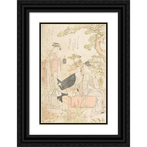Kitagawa Utamaro 13x18 Black Ornate Wood Framed Double Matted Museum Art Print Titled - Enjoying the Cool in a Garden (circa 1790)