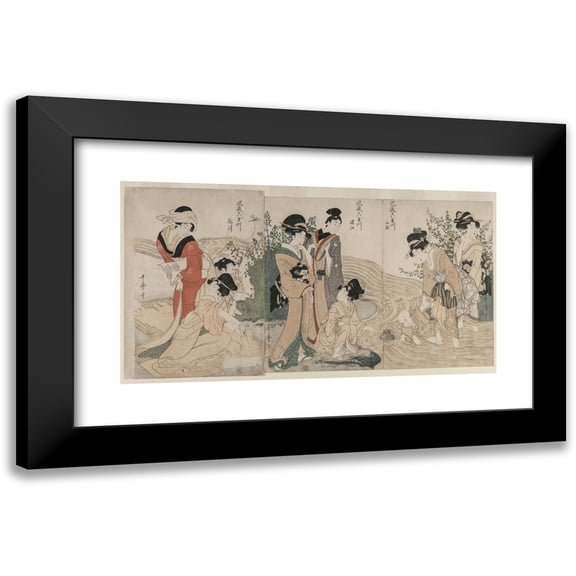 Kitagawa Utamaro 14x10 Black Modern Framed Museum Art Print Titled - Musashi, Omi, Yamashiro, and Settsu Provinces from the Series Fashionable Six Jewel Rivers (Furyu Mu Tamagawa) (C. 1804)