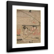 Kitagawa Utamaro 17x24 Black Modern Framed Museum Art Print Titled - Fishing with a Four-Armed Scoop-Net (Yotsu Deami) (Center Component of Triptych) (Late 18th Century - Ca. 1806)