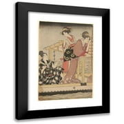 Kitagawa Utamaro 17x24 Black Modern Framed Museum Art Print Titled - Fishing with a Four-Armed Scoop-Net (Yotsu Deami) (Left Component of Triptych) (Late 18th Century - Ca. 1806)