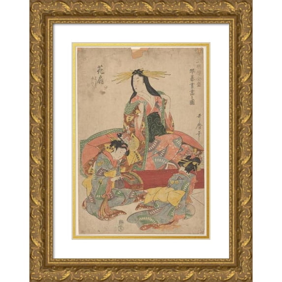 Kitagawa Utamaro 18x24 Gold Ornate Framed and Double Matted Museum Art Print Titled - Three Geisha (Late 18th Century - Ca. 1806)