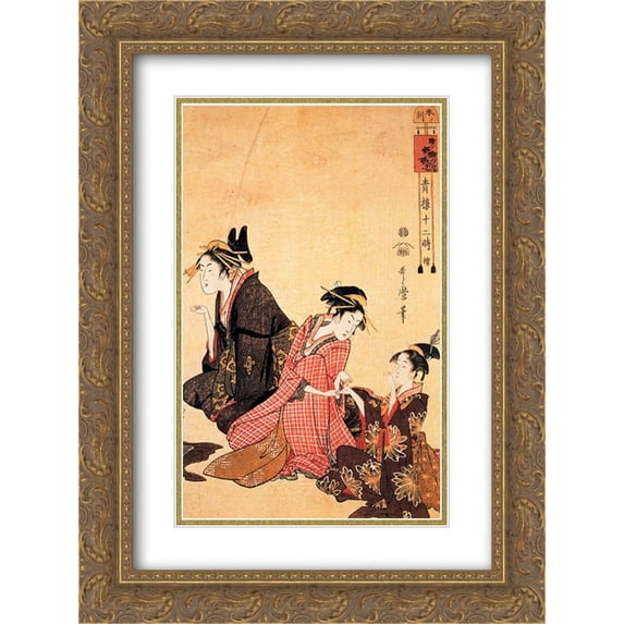 Kitagawa Utamaro 2x Matted 18x24 Gold Ornate Framed Art Print 'A scene on the bridge and beld'