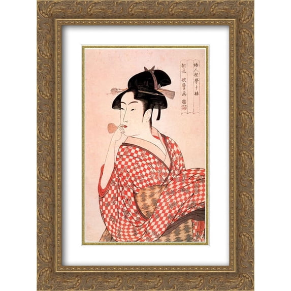 Kitagawa Utamaro 2x Matted 20x24 Gold Ornate Framed Art Print 'Girl blowing Vidro'