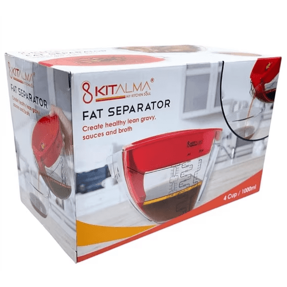 Kitalma 4 Cup Fat Separator Lean Gravy and Sauce Dispenser, Kitchen Oil Separator with Strainer Lid, Heat Resistant Measuring Cup for Cooking, BPA Free, Easy Pour Gravy Separator
