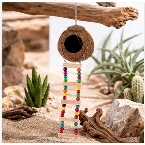 Kitandove Reptile Hideout Made from Coconut Shell for Habitat Decor in Light Brown