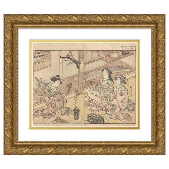 Kitao Shigemasa 14x12 Gold Ornate Wood Frame and Double Matted Museum Art Print Titled - Courtesans Arranging Flowers (Late 18th Century - Early 19th Century)