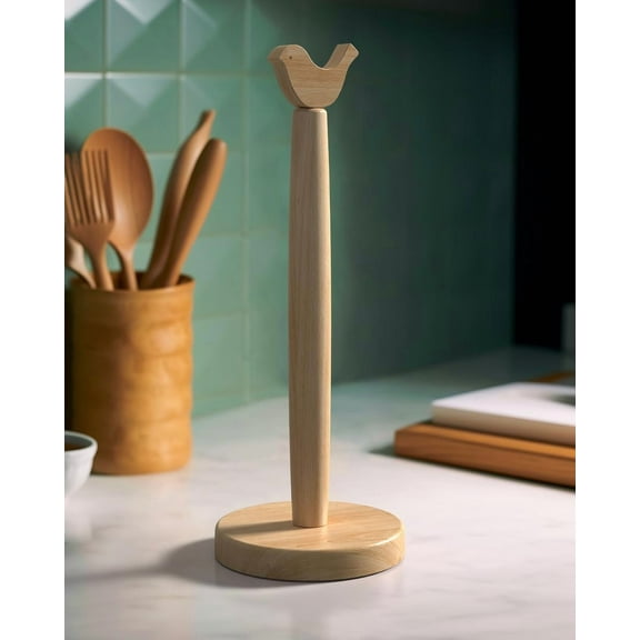 Cute Wooden Paper Towel Holder Countertop - Solid Freestanding Paper Towel Dispenser Stand Organizer with Anti-Skid Base (Bird)
