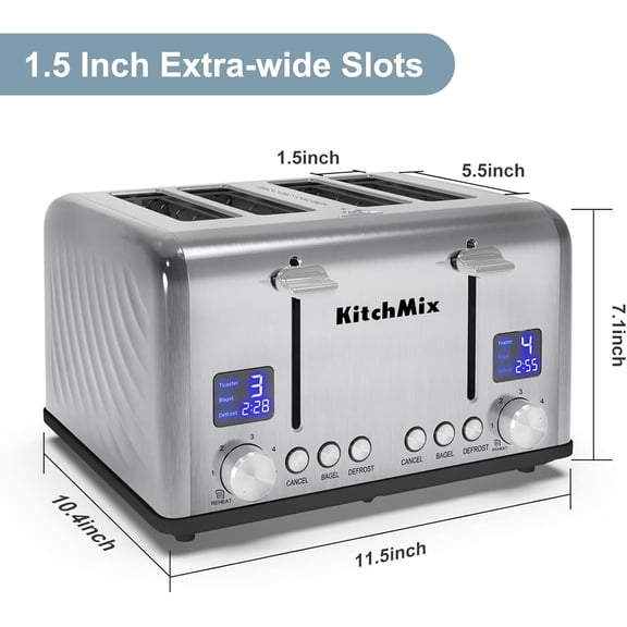 KitchMix 4-Slice Bagel Toaster with LCD Timer and Removable Crumb Tray