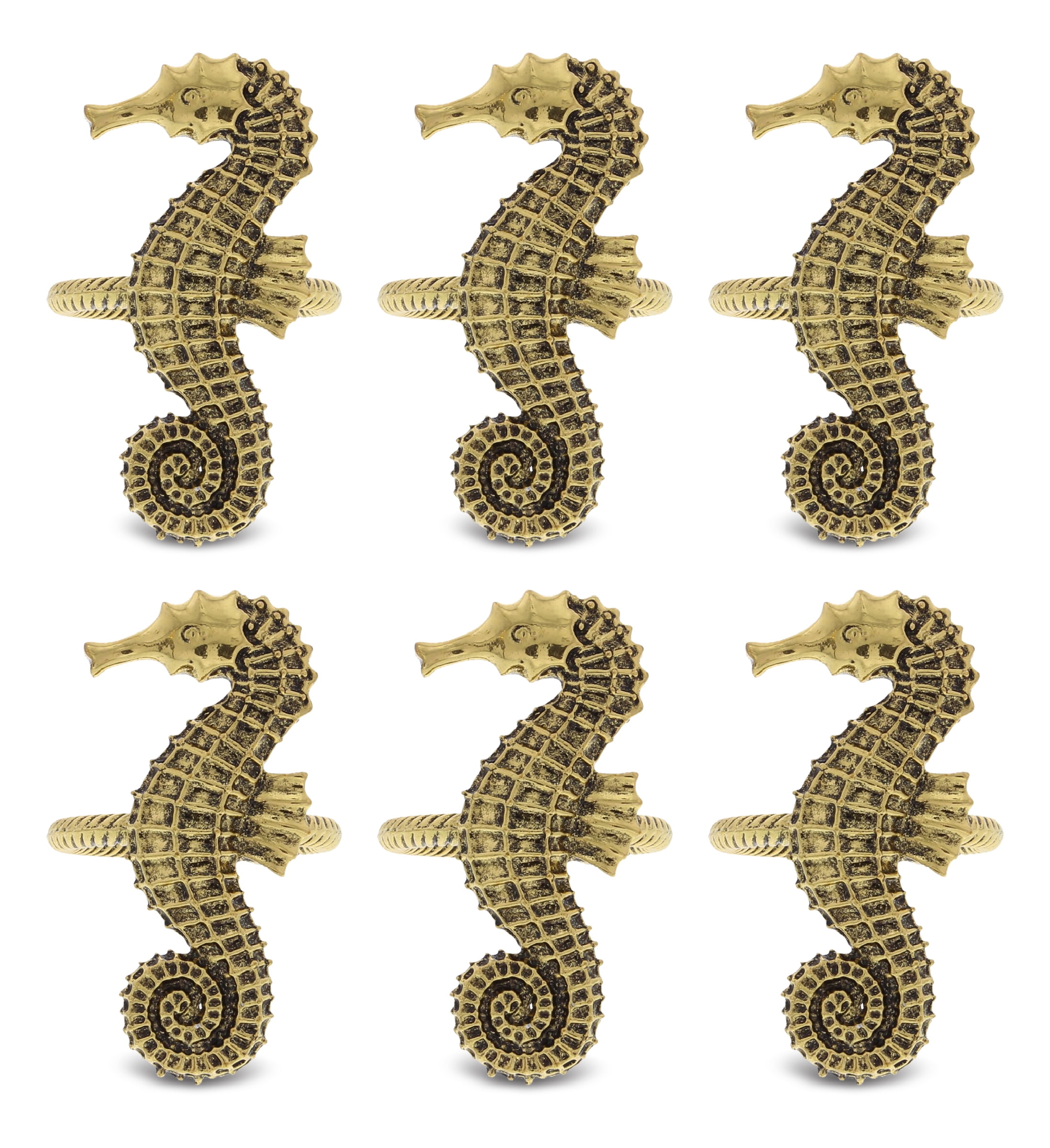 Gold Seahorse Embossed Metal Napkin Rings Set of 6