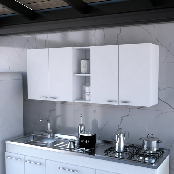 Kitchen 150" Wall Cabinet - 4 Doors, 2 Divisions, Shelves, White Particleboard, Metal Handles, Built-in Dish Rack, Trendsetting Modern White, Holder