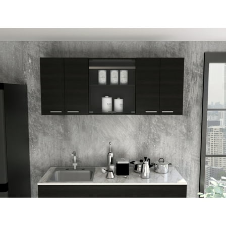 Kitchen 150" Wall Cabinet - Industrial Modern Design Two Close Cabinets, Open Shelves In Black For Cabinets & Lead
