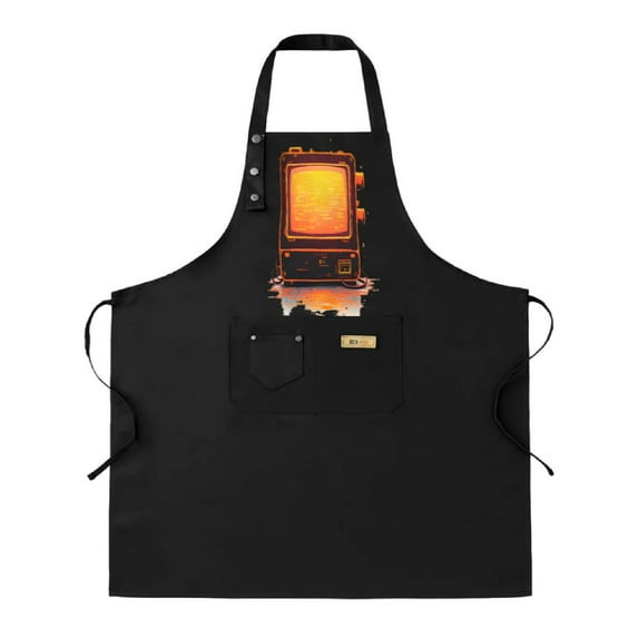 Kitchen 2 Pack Bib Apron - Adjustable with 2 Pockets Features Vintage TV Design on Black Background Perfect for Cooking & Chefs
