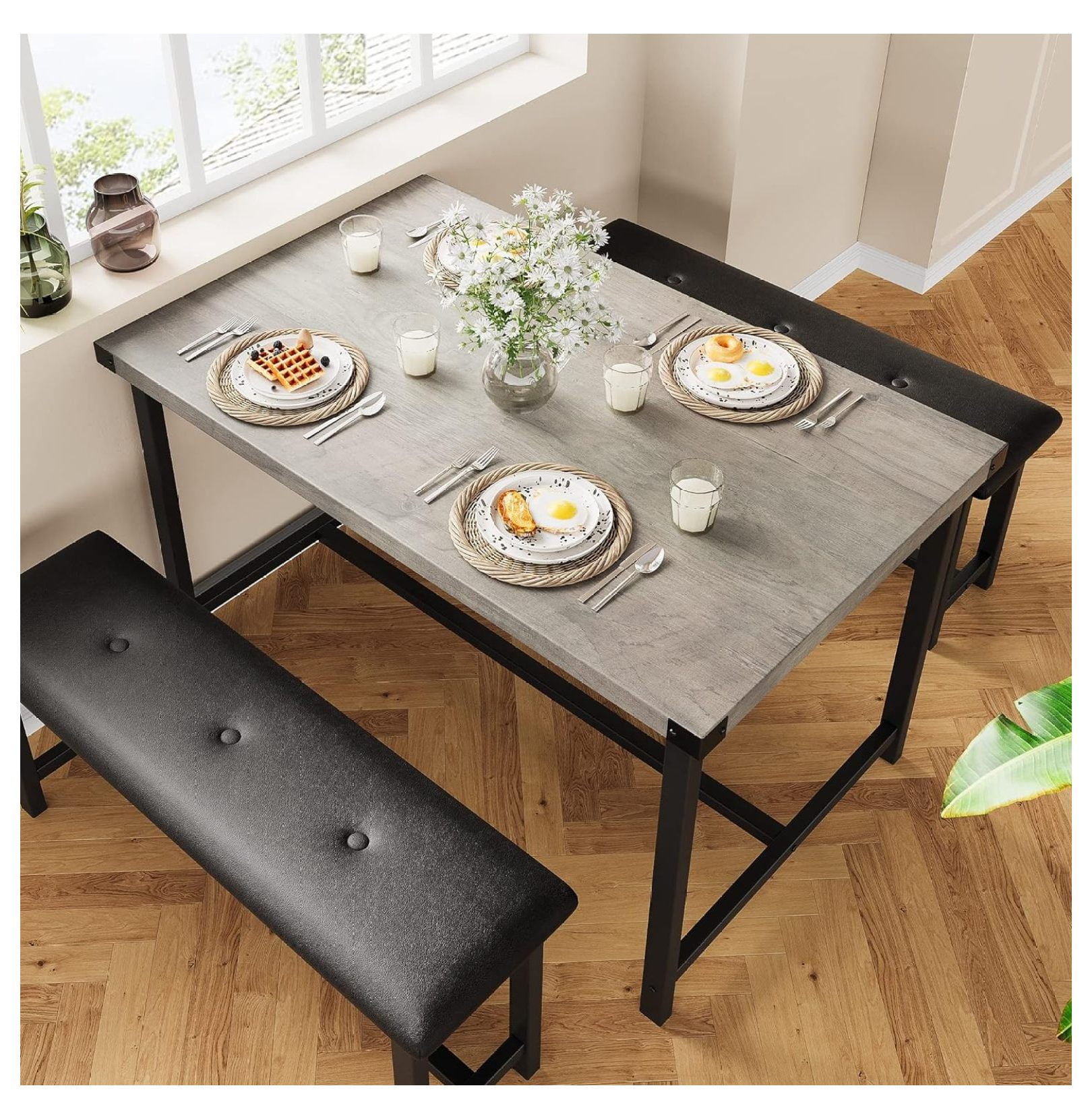 Kitchen 2 Upholstered Benches Dining Table Set for 4, Grey