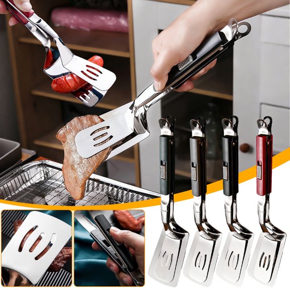 Kitchen 2-in-1 Stainless Steel Fish Spatula/Clip - Multi-Functional Flipping Tool for Steak/Vegetables, Durable Stainless Steel Turner with Strong Grip, Ideal for Grilling/Frying, 11*3in, Gray