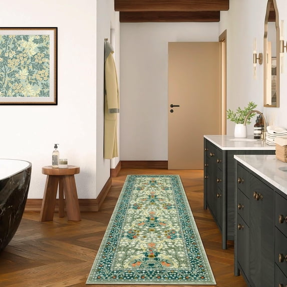 Kitchen 2x6 Runner Rug Washable Non Slip Floral Rugs for Hallway Bathroom Low Pile Stain Resistant Entryway Mat Botanical Bedroom Floorcover Mat Non Shed Home Decor Rug for Office, Green