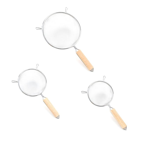Kitchen 3-Pack Stainless Steel Mesh Sieve with Wood Handle, Hand-Held Filter Screens