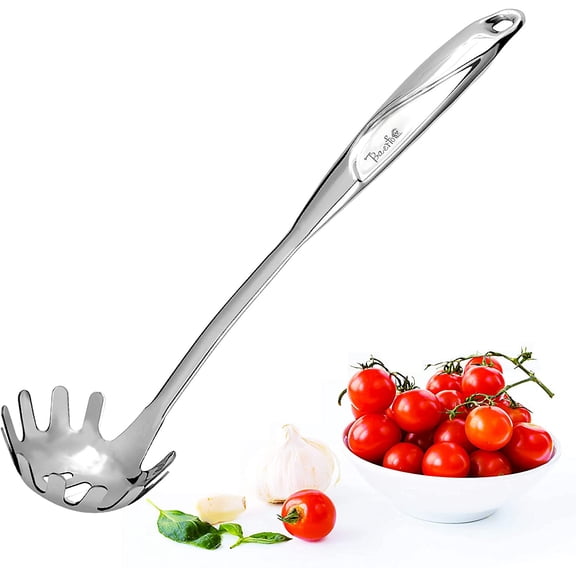 Kitchen 304 Stainless Steel Spaghetti Server – 12" Pasta Fork with Draining Holes & Anti-Slip Teeth – Rust-Resistant Noodle Ladle – Dishwasher Safe Kitchen Utensil for Everyday Use
