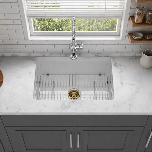 Kitchen 30x18x10 Inch Deep Single Bowl Sink Dual Mount White-Toned Fireclay Rectangular Sink