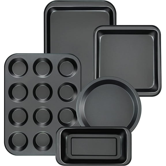 Kitchen 5-Piece Nonstick Bakeware Set - Round/Square Cake Pans, Muffin Pan, Loaf Pan, Roast Pan & Baking Sheets