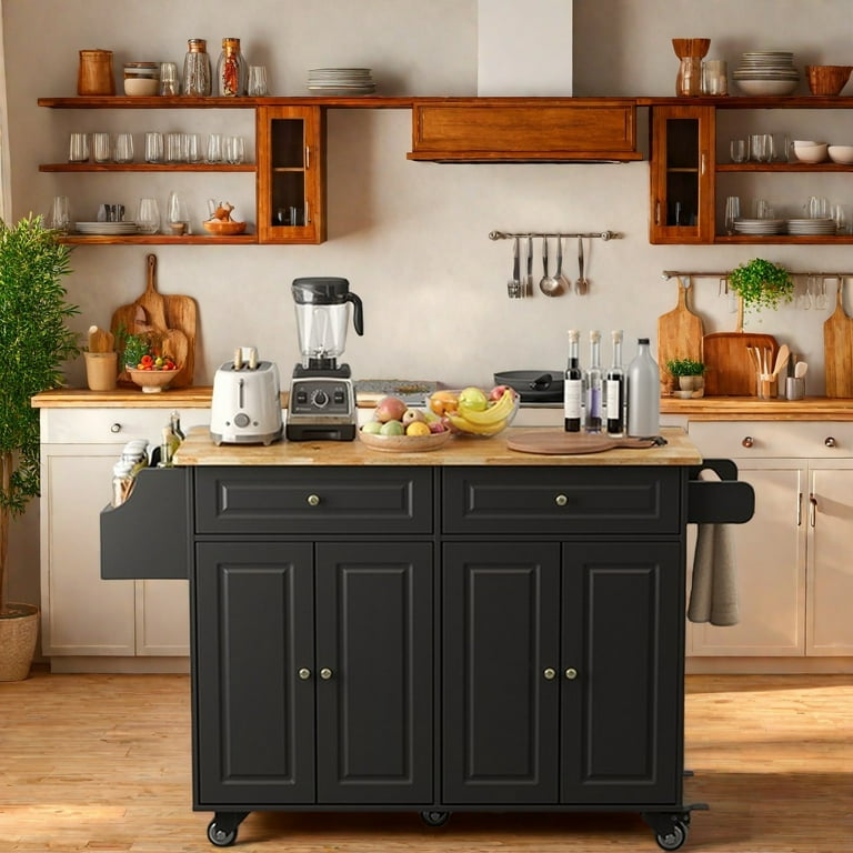 Lofka 52 Solid Wood Kitchen Island Cart Black with Large Table and Storage Home Convenience Walmart