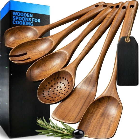Kitchen 6 Piece Wooden Spoons for Cooking – Natural Teak Wooden Utensil Set, Easy to Clean, Durable, Smooth with Comfort Grip - Non Toxic Wooden Cooking Utensil Sets