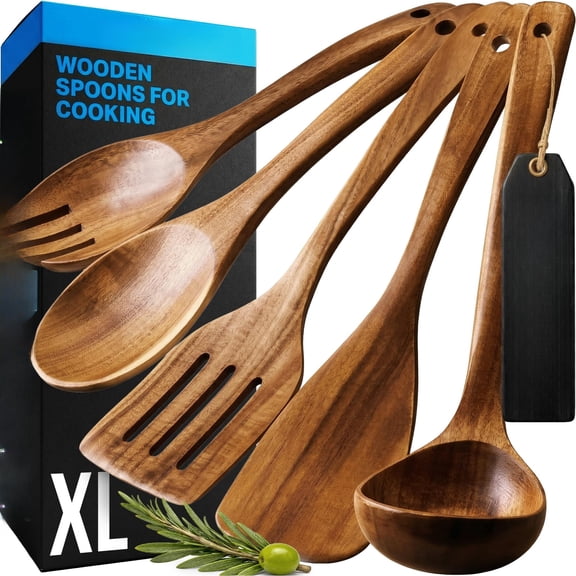 Kitchen 6 Piece Wooden Spoons for Cooking – Natural Teak Wooden Utensil Set, Easy to Clean, Durable, Smooth with Comfort Grip - Non Toxic Wooden Cooking Utensil Sets