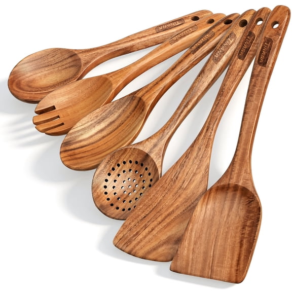 TINANA 6 Piece Wooden Spoons for Cooking, Natural Acacia Wood Utensil Set, Nonstick Safe Spatulas, Skimmer & Salad Servers